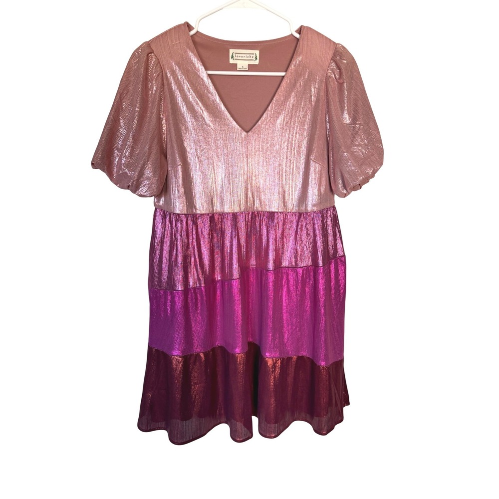 Loveriche Metallic Colorblock Tiered Mini Dress Pink Magenta V-Neck Metallic S